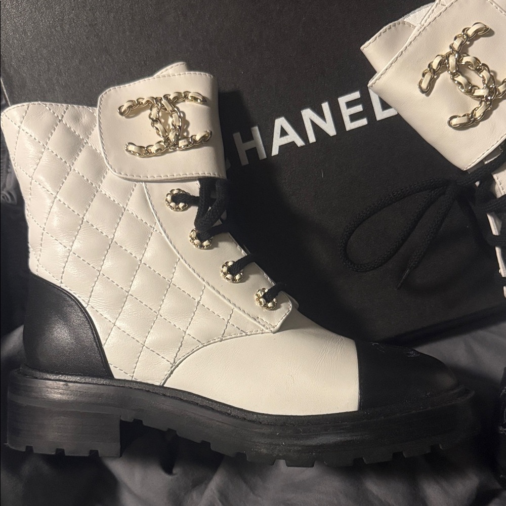 CHANEL Women's Quilted Black and White Combat Boots